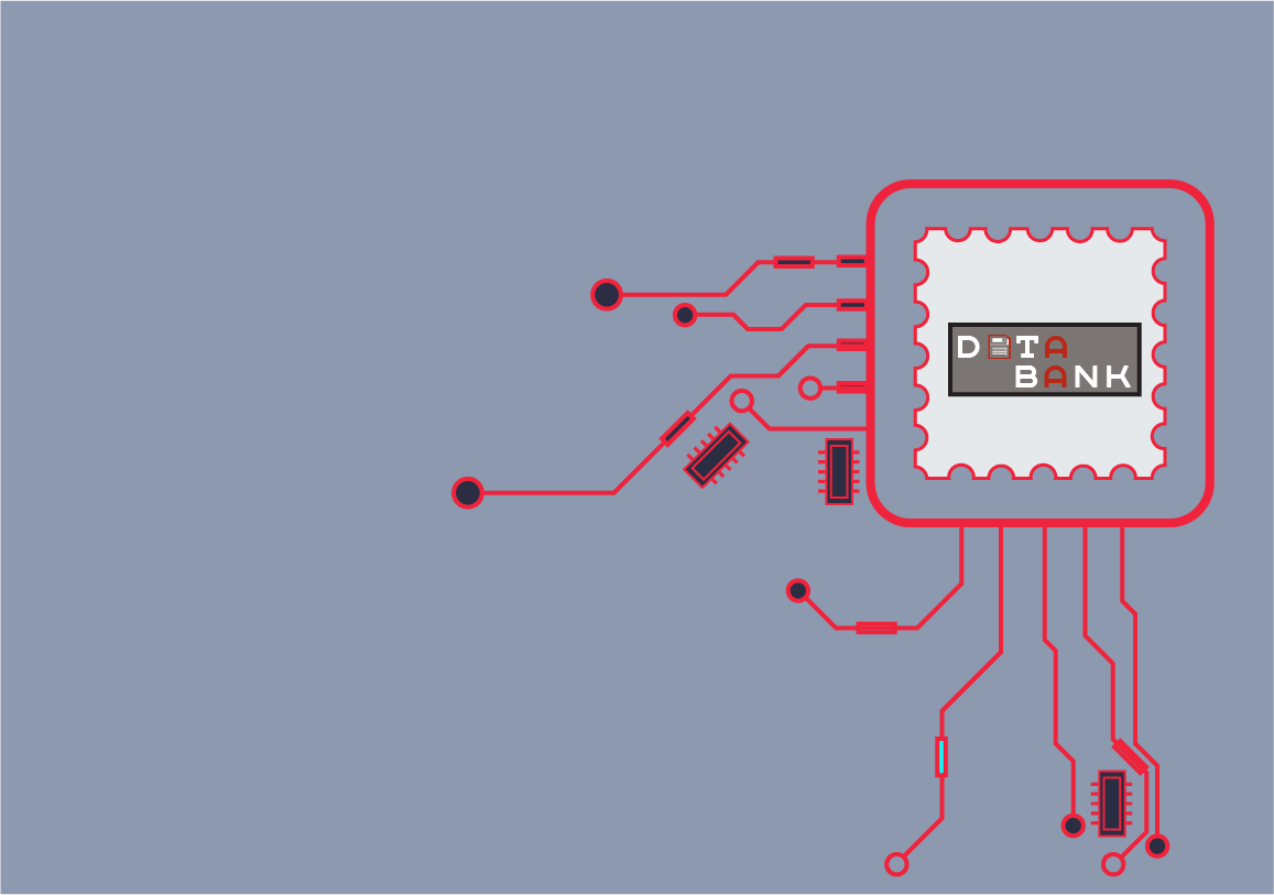 Diagram of a digital bank system with red circuit lines on a blue background